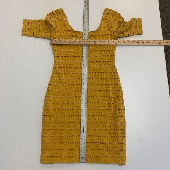 Bebe Eyelet Dress Womens XS Extra Small Yellow Lined Bodycon Mid Sleeve Fitted - Picture 6 of 9